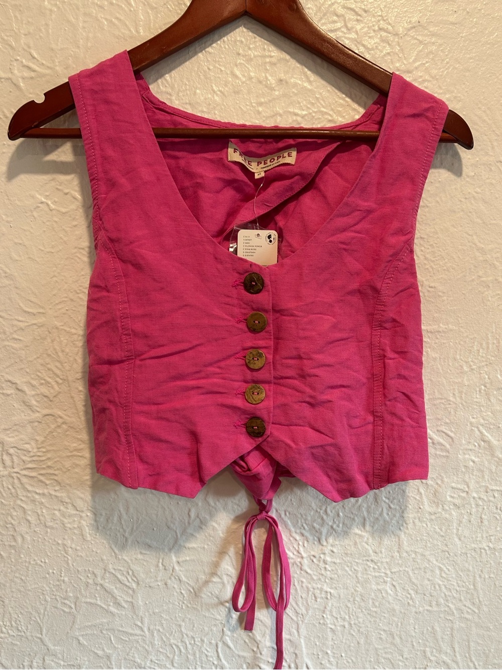 Free People Pink Linen Blend Button-Front Tie-Hem Crop Top- New with tags